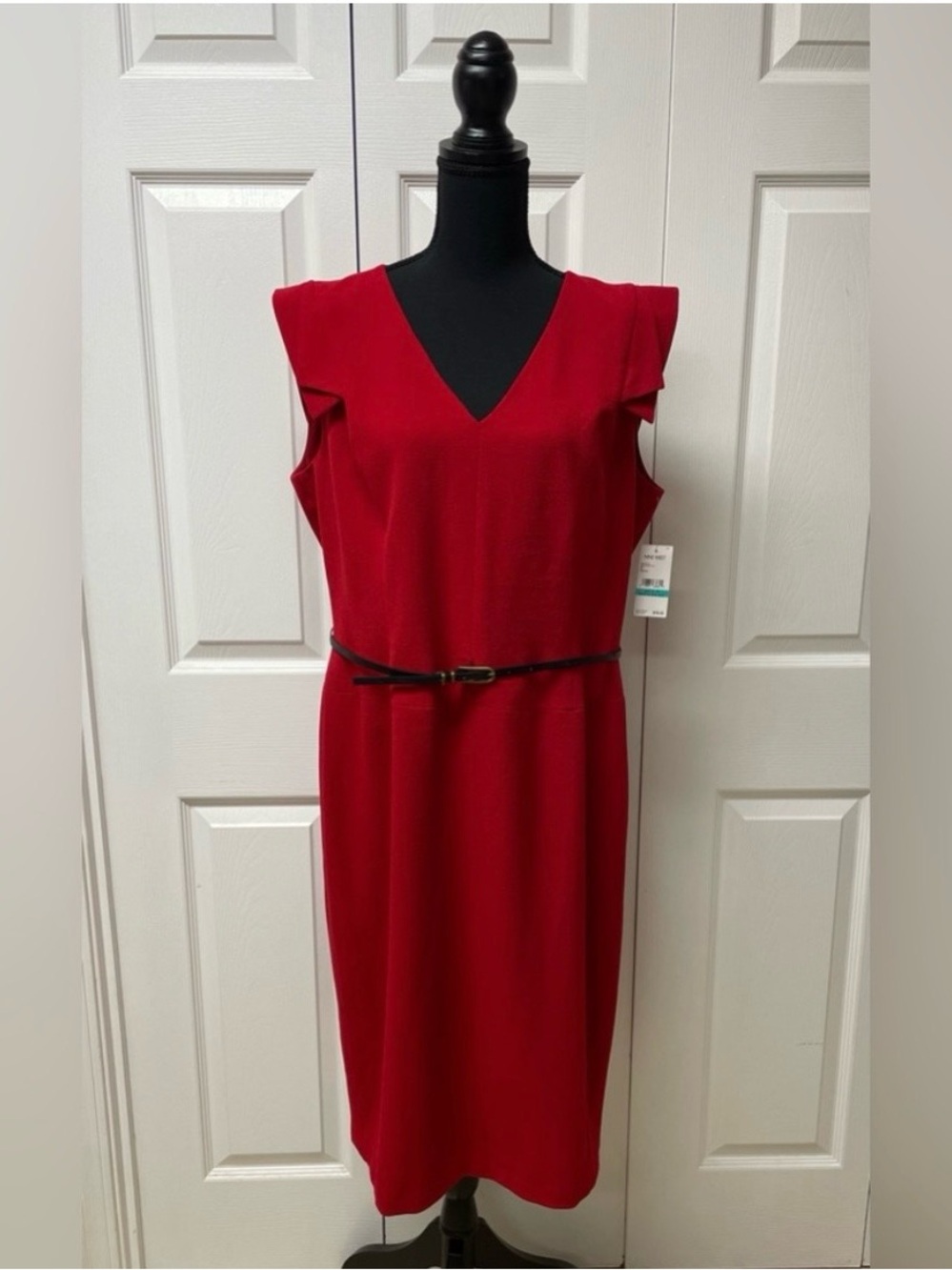 Nine West Red V-Neck Midi Sheath Dress with Slim Belt